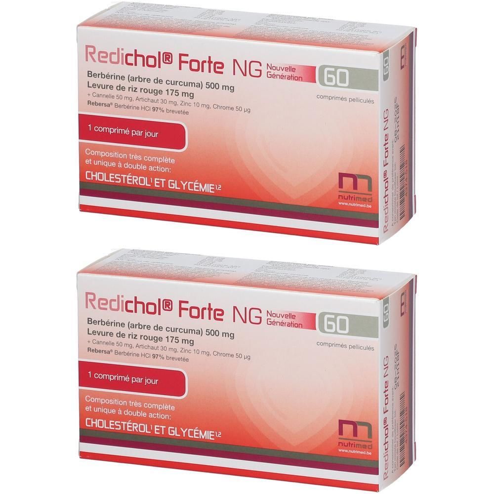 Twee dozen met rode en witte tekst. Opschrift: Redichol® Forte NG, 60 tabletten. Tekst in het Frans.