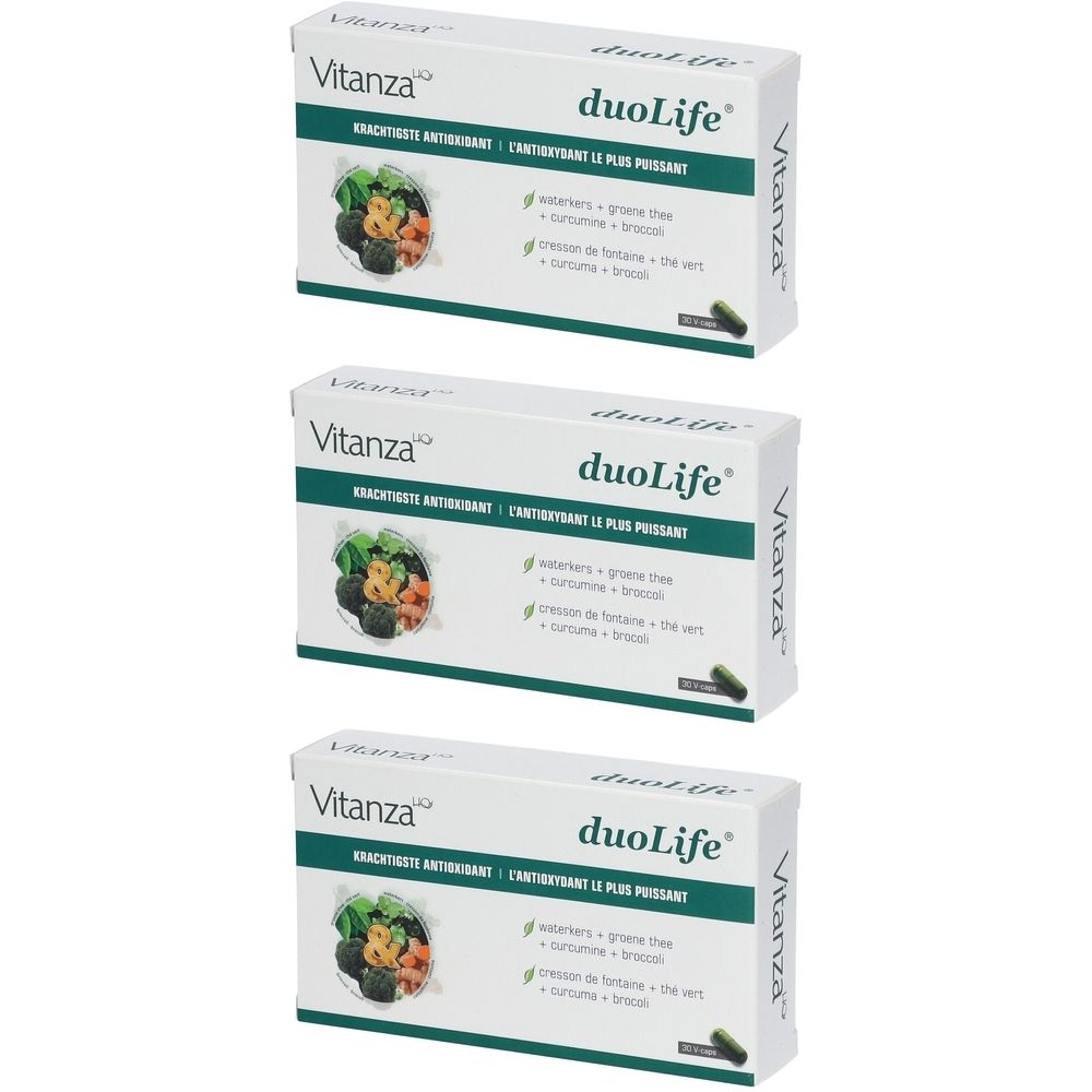 Drie witte DuoLife-verpakkingen. Opschrift: Vitanza, duoLife. Bevat artisjok, groene thee, kurkuma, broccoli. Groene capsule.