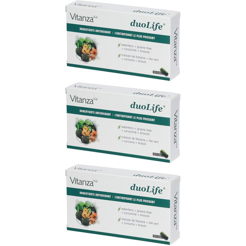 Drie witte DuoLife dozen. Opschriften: Vitanza, DuoLife, kruidenkracht antioxidant. Groene en zwarte accenten.