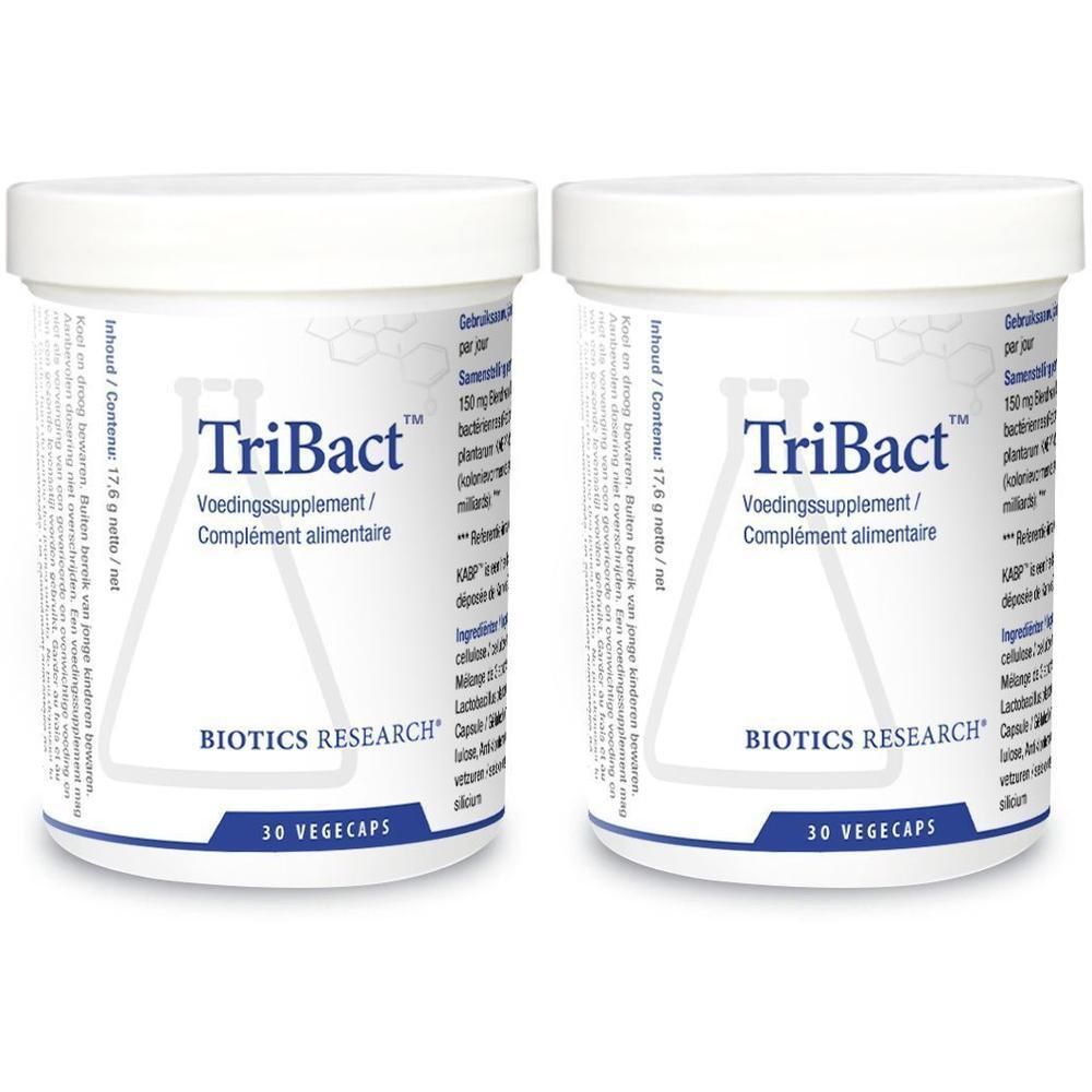 Deux pots blancs avec couvercles. Inscription: TriBact, Biotics Research, 30 Vegecaps. Néerlandais et français.