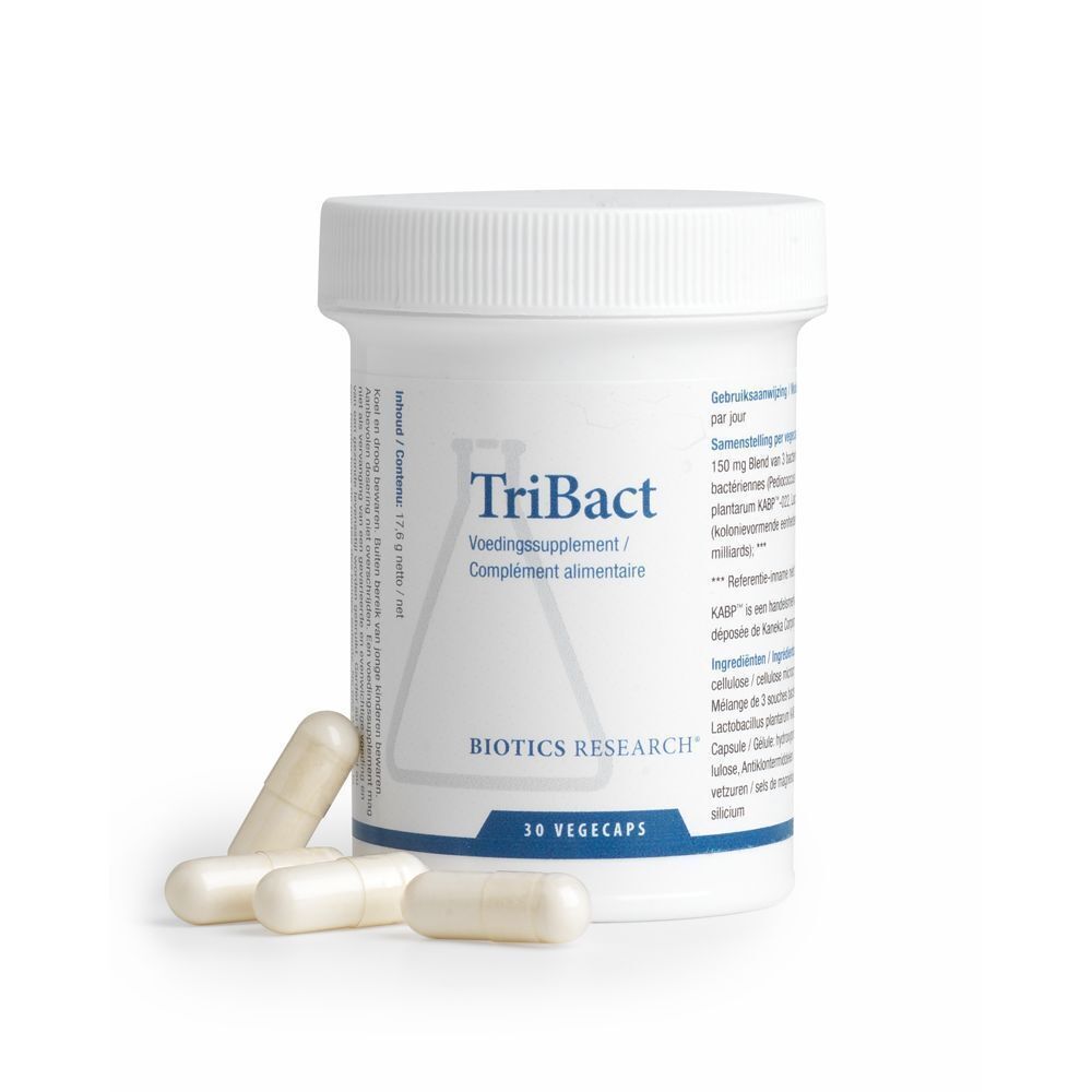 Pot blanc avec couvercle et gélules. Inscription: TriBact, Biotics Research, 30 Vegecaps. Néerlandais et français.