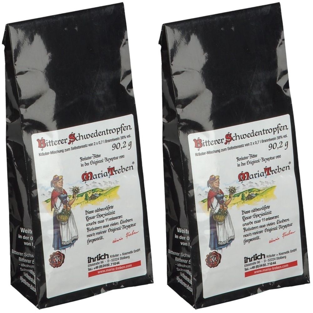 Deux sachets noirs avec étiquettes. Les étiquettes indiquent "Bitterer Schwedentropfen" et "Maria Treben".