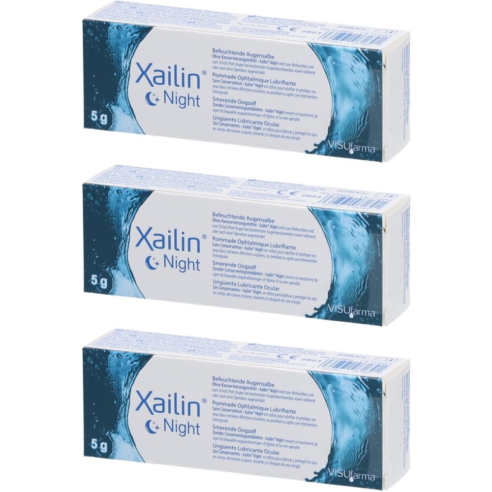 Trois boîtes de Xailin Night. Inscription: 5g. Emballage bleu et blanc avec le nom du produit et les informations.