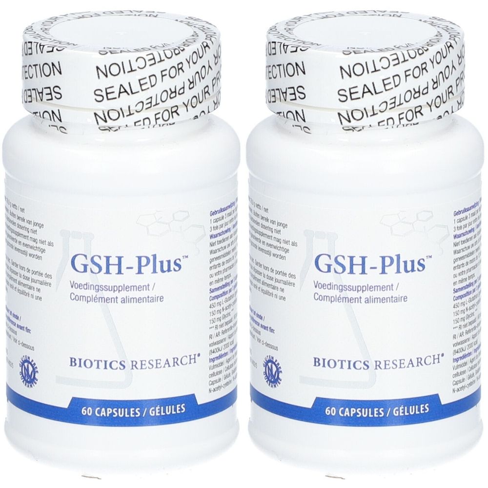 Twee witte flessen GSH-Plus. Opschrift: Biotics Research, 60 capsules. Doppen met zegel.