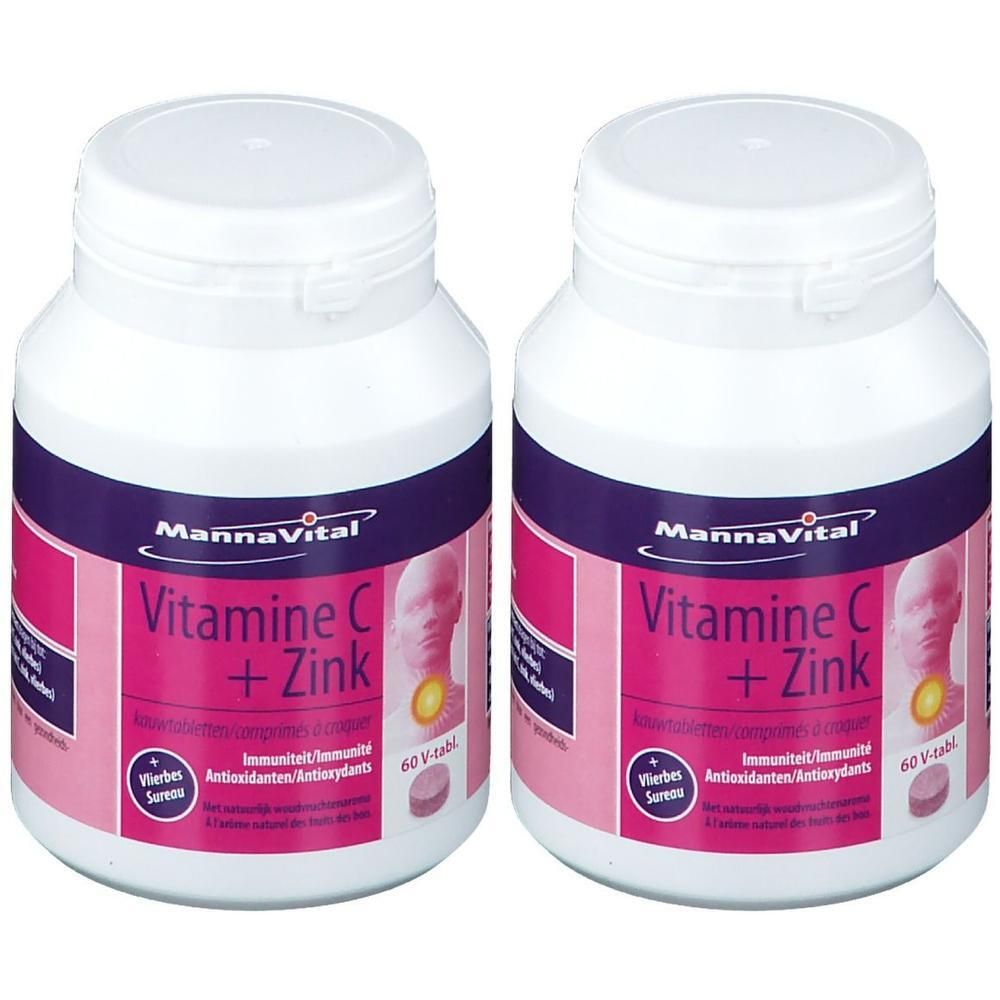 Twee flessen Mannavital Vitamine C + Zink. Witte flessen met paarse etiketten. Zichtbaar: productnaam, 60 V-tabl.