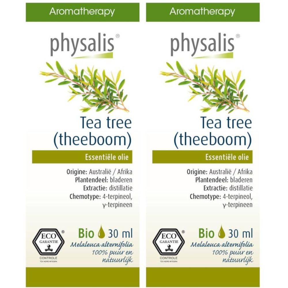 Twee flesetiketten met Physalis-logo. Tekst: Tea tree (theeboom), Essentiële olie, Bio 30 ml. Met Eco Garantie.