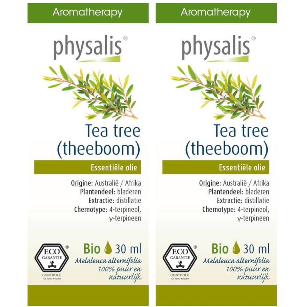 Twee etiketten van physalis® Tea tree essentiële olie. Tekst: Tea tree (theeboom), Essentiële olie, Bio, 30 ml.