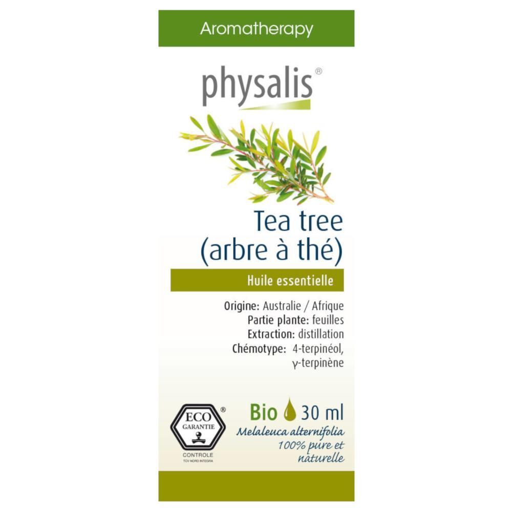 Etiket van physalis® Tea tree essentiële olie. Tekst: Tea tree (theeboom), Essentiële olie, Bio, 30 ml.