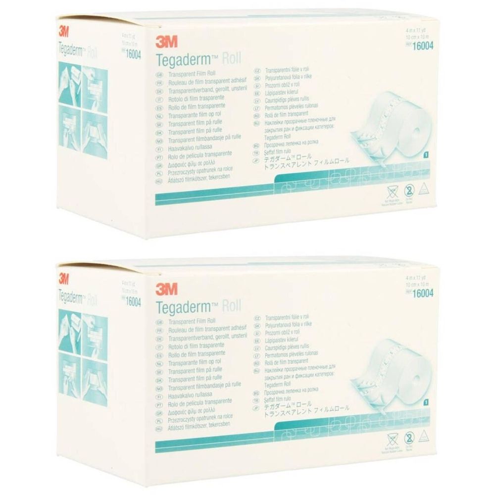 Deux boîtes avec étiquettes de produit. Inscription : 3M Tegaderm Roll. Illustrations de pansements transparents.