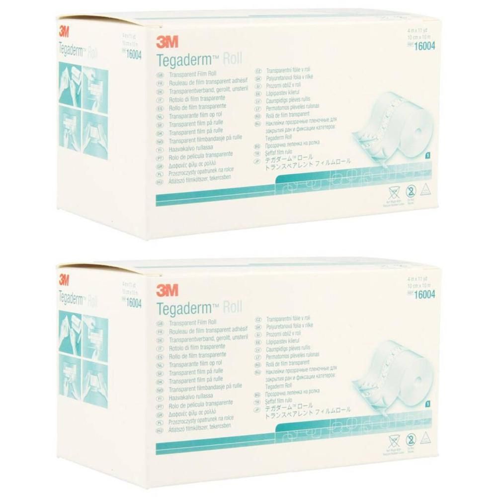 Twee witte dozen met productopdruk. Opschrift: 3M™ Tégaderm™ Roll. Transparante folie.