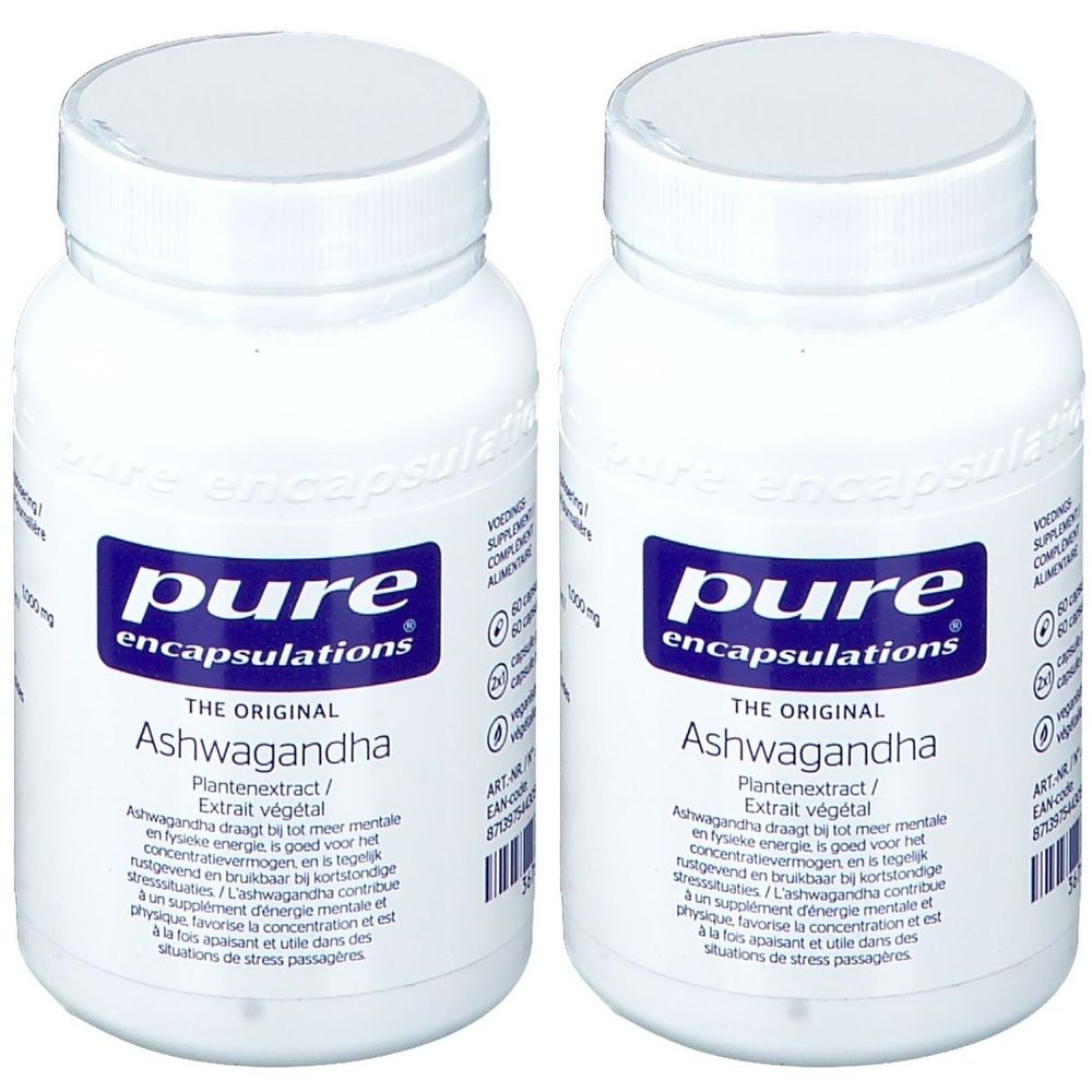 Twee witte flessen met blauw etiket. Op het etiket staat "pure encapsulations" en "Ashwagandha".