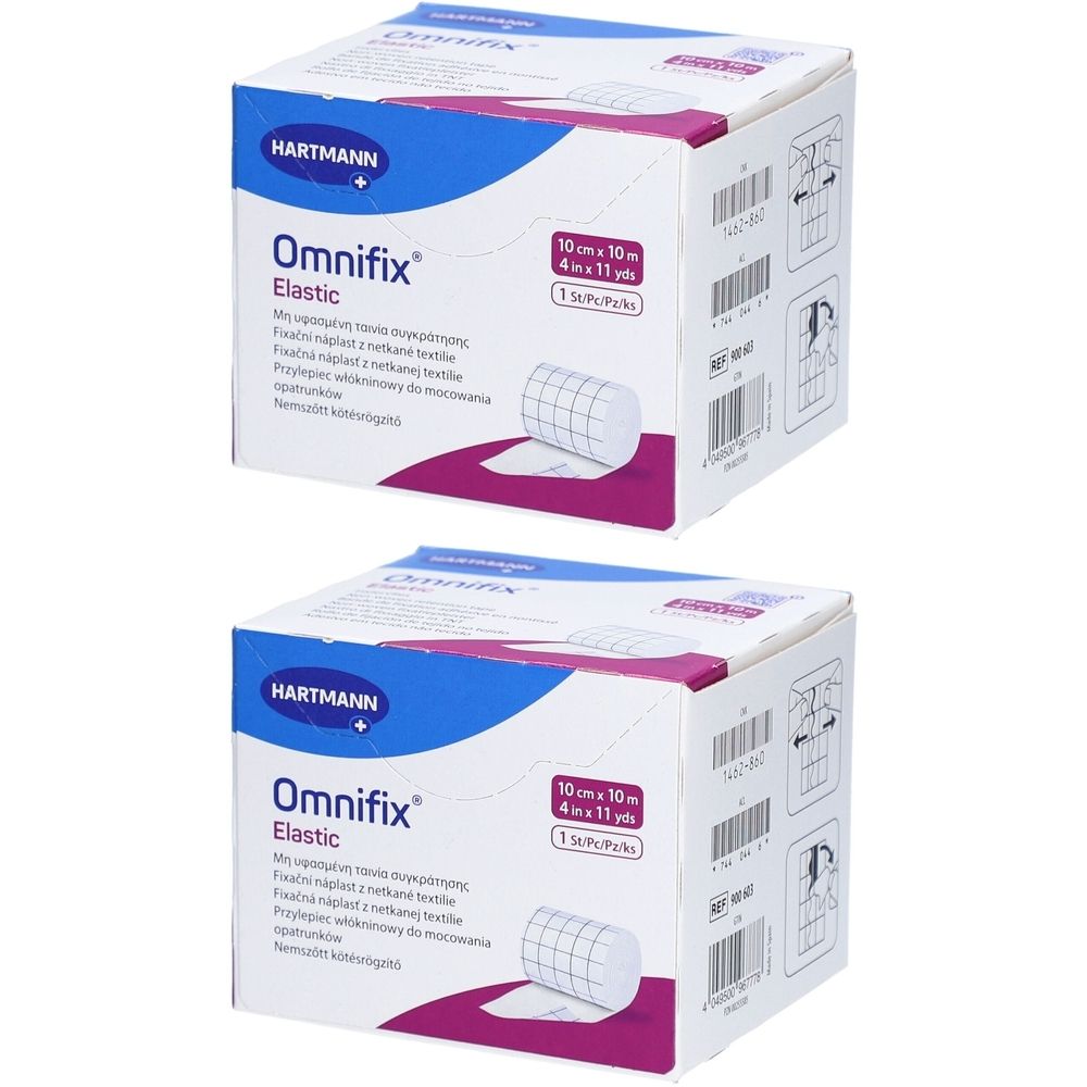 Twee dozen Hartmann Omnifix Elastic. Opdruk: 10 cm x 10 m. Verpakking met productafbeelding en tekst.