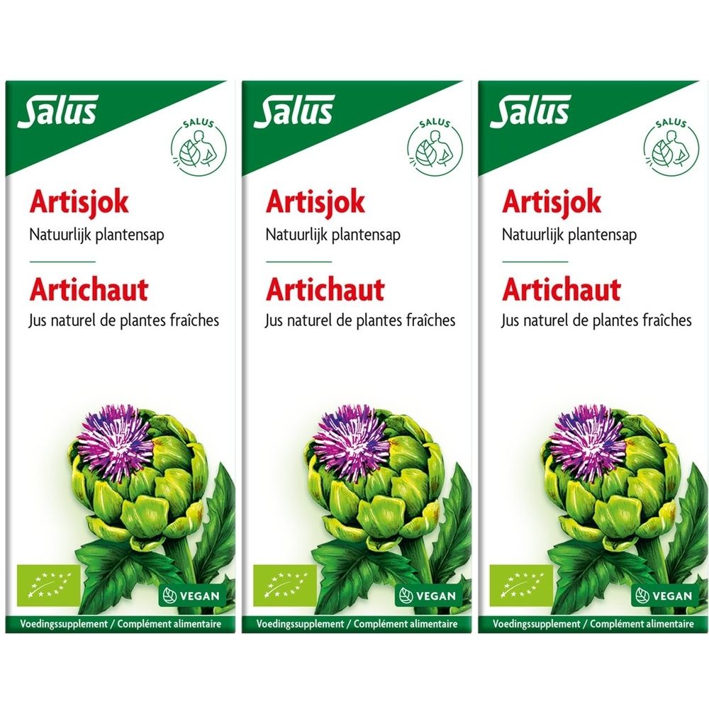 Drie verpakkingen met artisjok. Opschriften: Salus, Artisjok, Artichaut, Vegan-label. Natuurlijk plantensap.