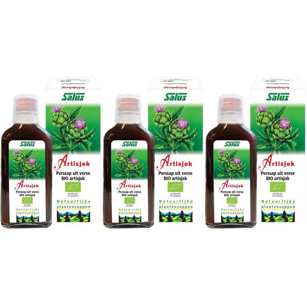 Flessen bruine vloeistof en dozen met artisjok-illustratie. Bio-label.