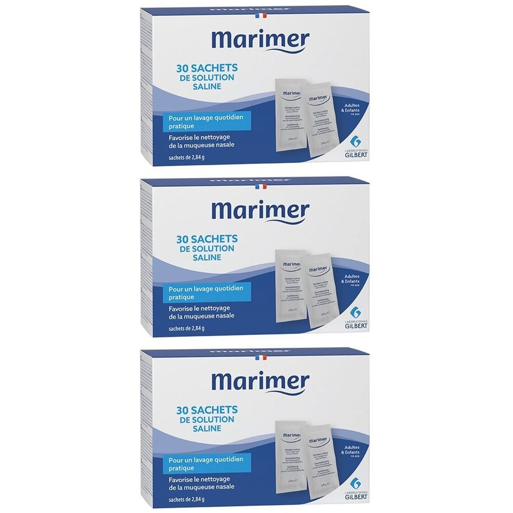 Trois boîtes de solution saline Marimer. Chaque boîte contient 30 sachets. Inscriptions en français.
