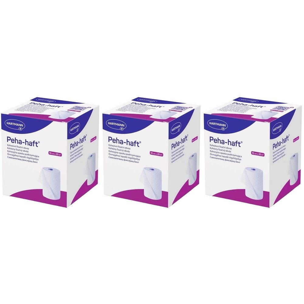 Trois boîtes de Hartmann Peha-haft. Impression: Bande de fixation auto-adhésive. Produit blanc représenté sur l'emballage.