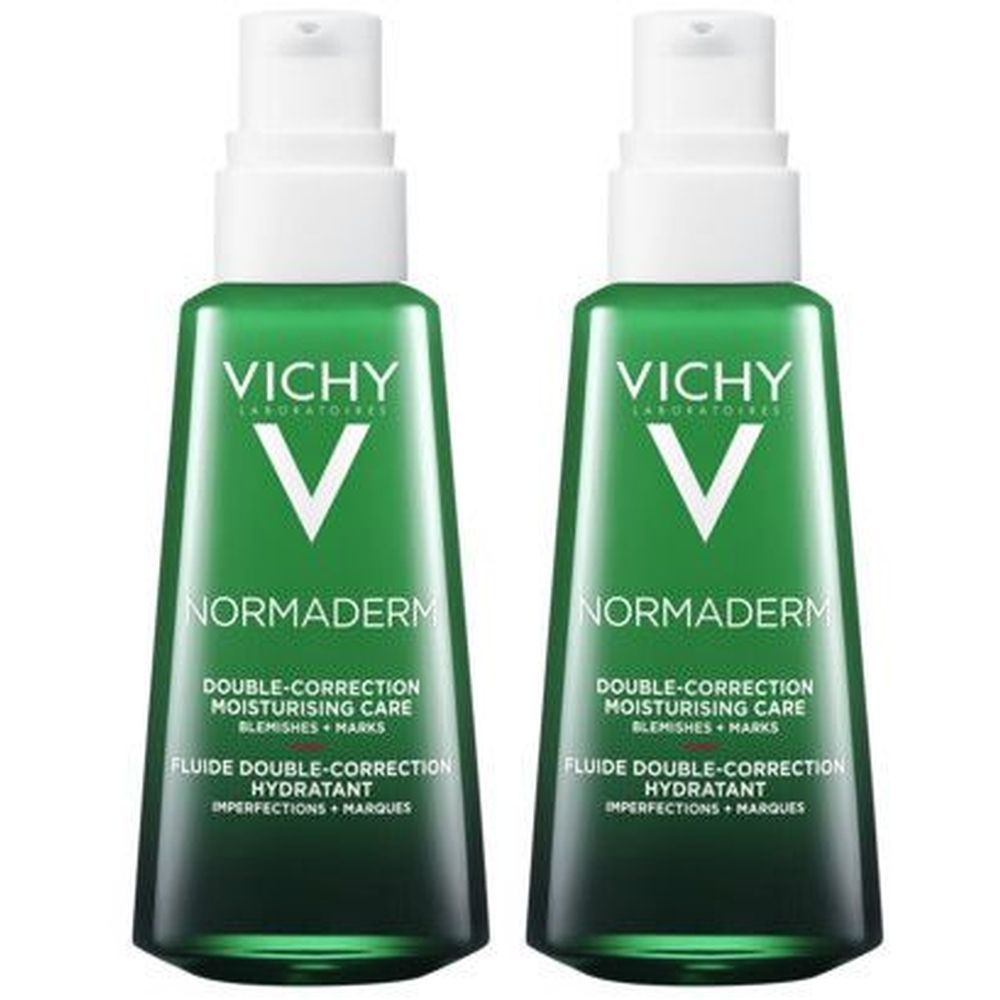 Deux flacons verts avec pompe blanche. Inscriptions : VICHY, NORMADERM, DOUBLE-CORRECTION, MOISTURISING CARE, FLUIDE DOUBLE-CORRECTION HYDRATANT.