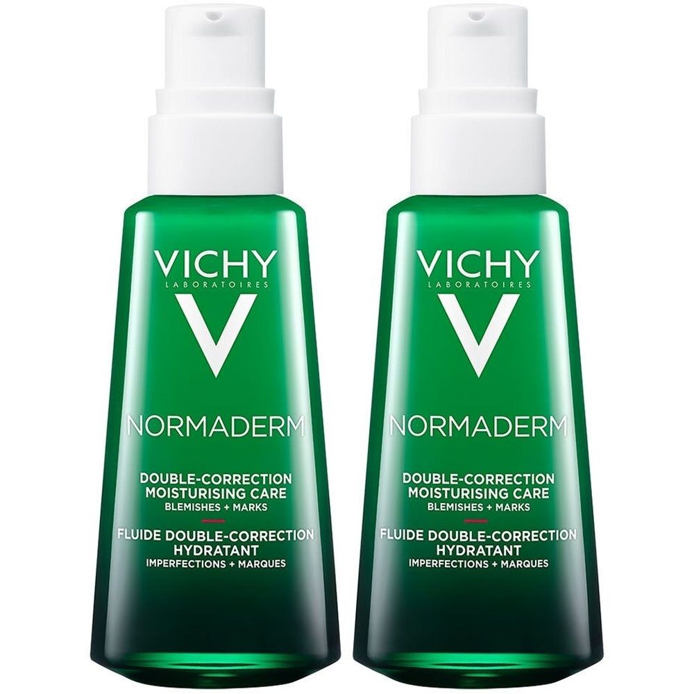 Twee groene flessen met witte pomp. Opschrift: VICHY, Normaderm, Double-Correction, Moisturising Care.