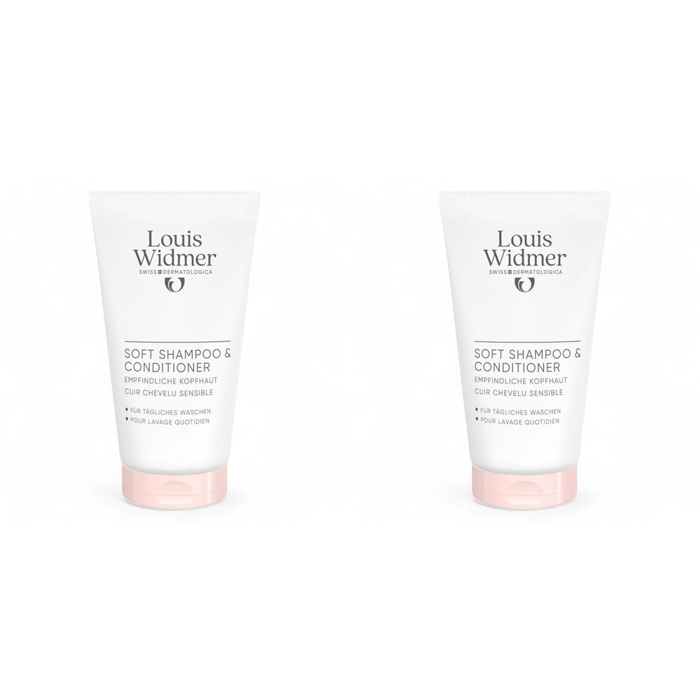 Deux tubes de Louis Widmer Soft Shampoo & Conditioner. Tubes blancs avec bouchon rose. Texte: Soft Shampoo & Conditioner.