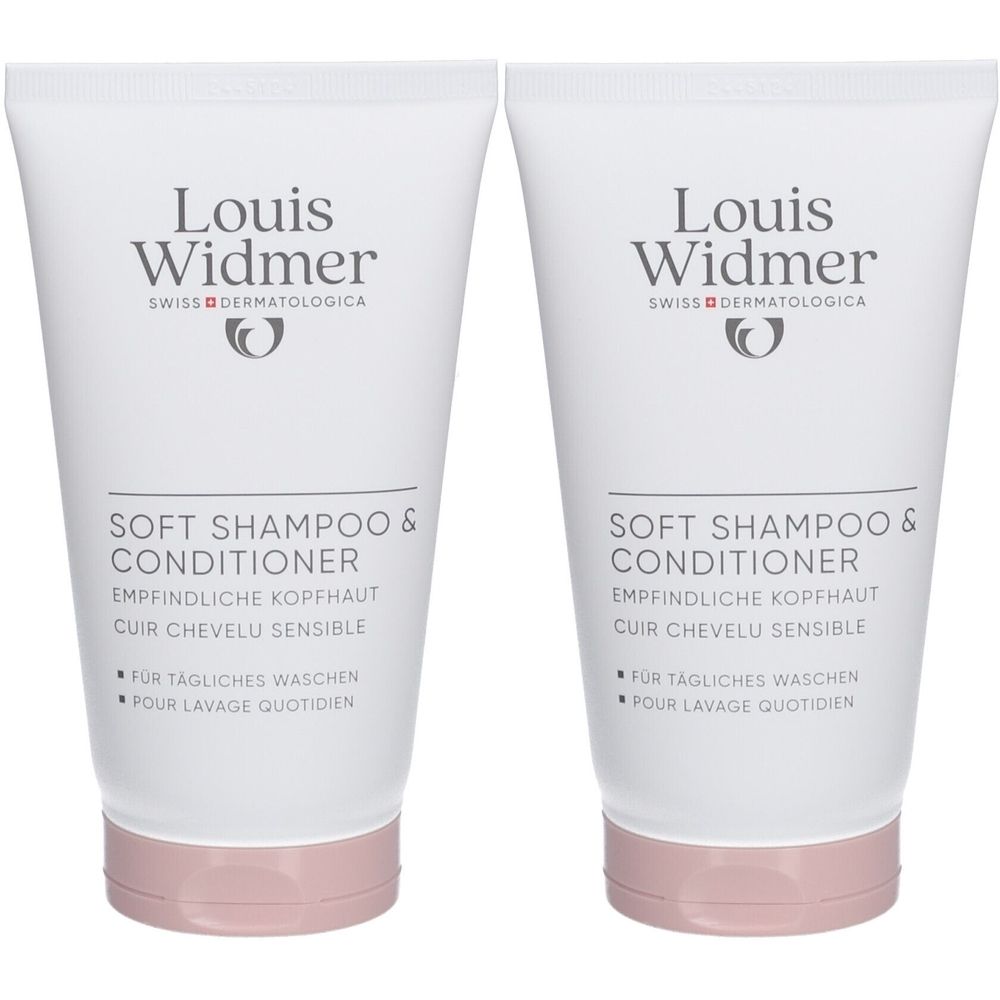 Twee tubes Louis Widmer Soft Shampoo & Conditioner. Witte tubes met roze dop. Zwarte tekst.