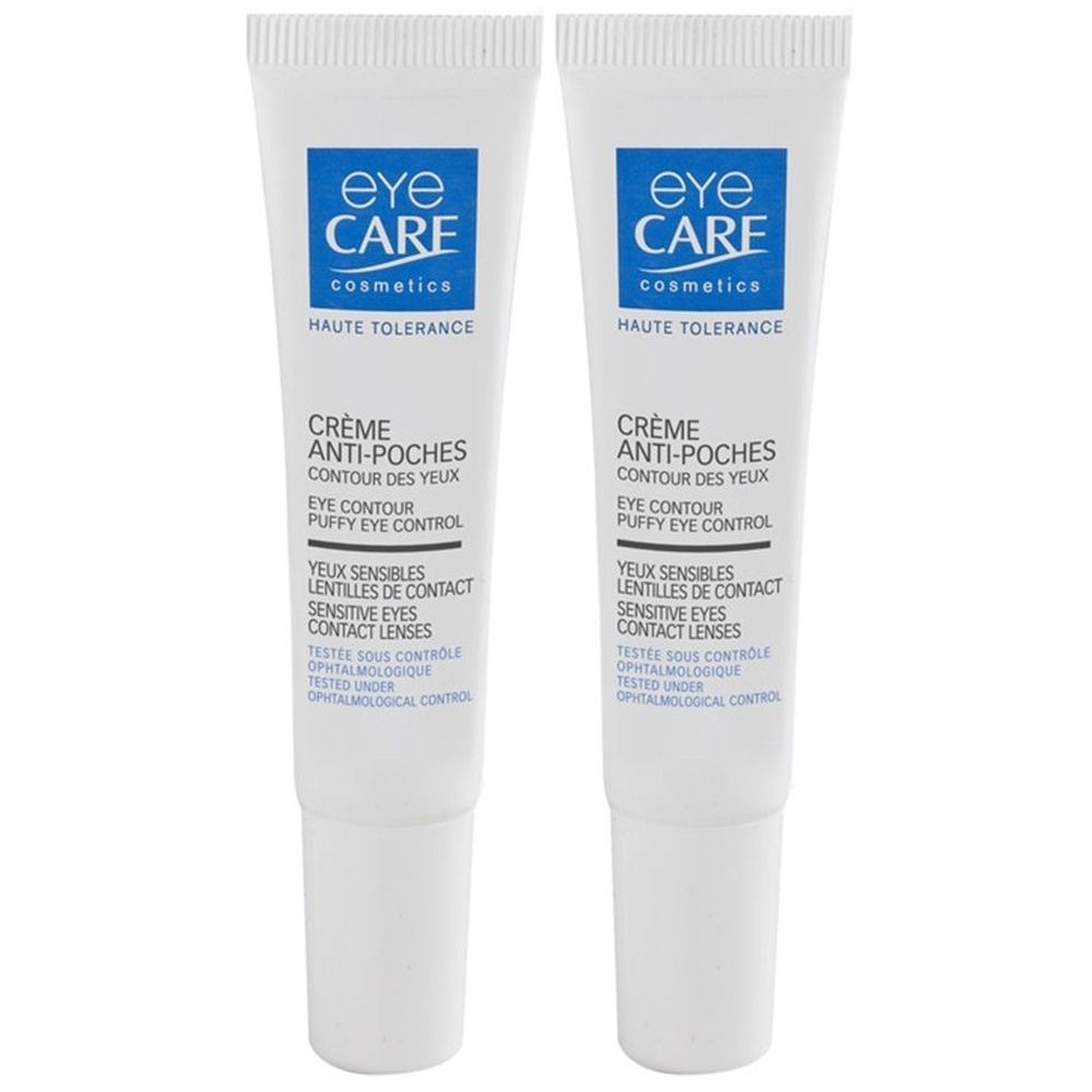 Deux tubes blancs de crème pour les yeux. Logos bleus "eye CARE cosmetics". Texte: Crème Anti-Poches, Eye Contour, Yeux Sensibles. Testé sous contrôle.