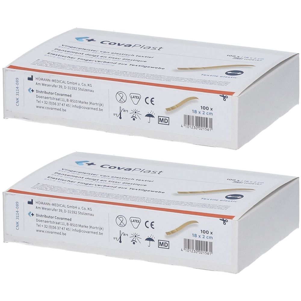Twee witte dozen met productinformatie. Opschrift: CovaPlast, 100 stuks, 18 x 2 cm. Medisch hulpmiddel.