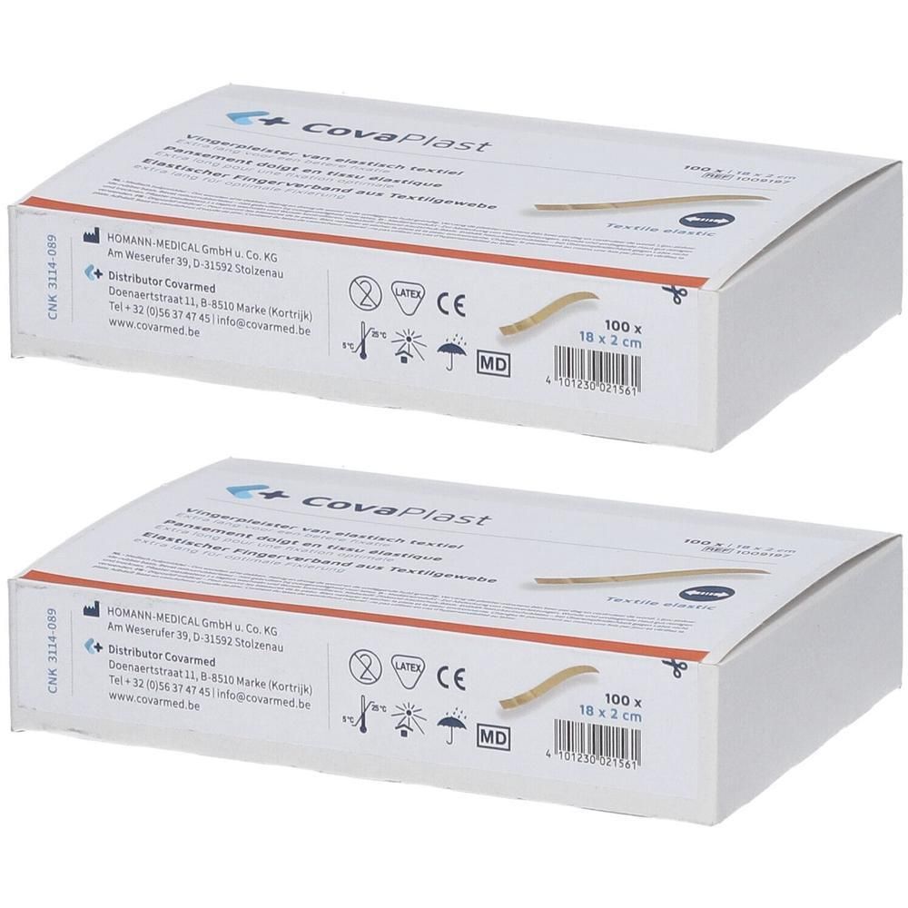 Twee witte dozen met productinformatie en een afgebeeld vingerverband. Opschrift: CovaPlast.