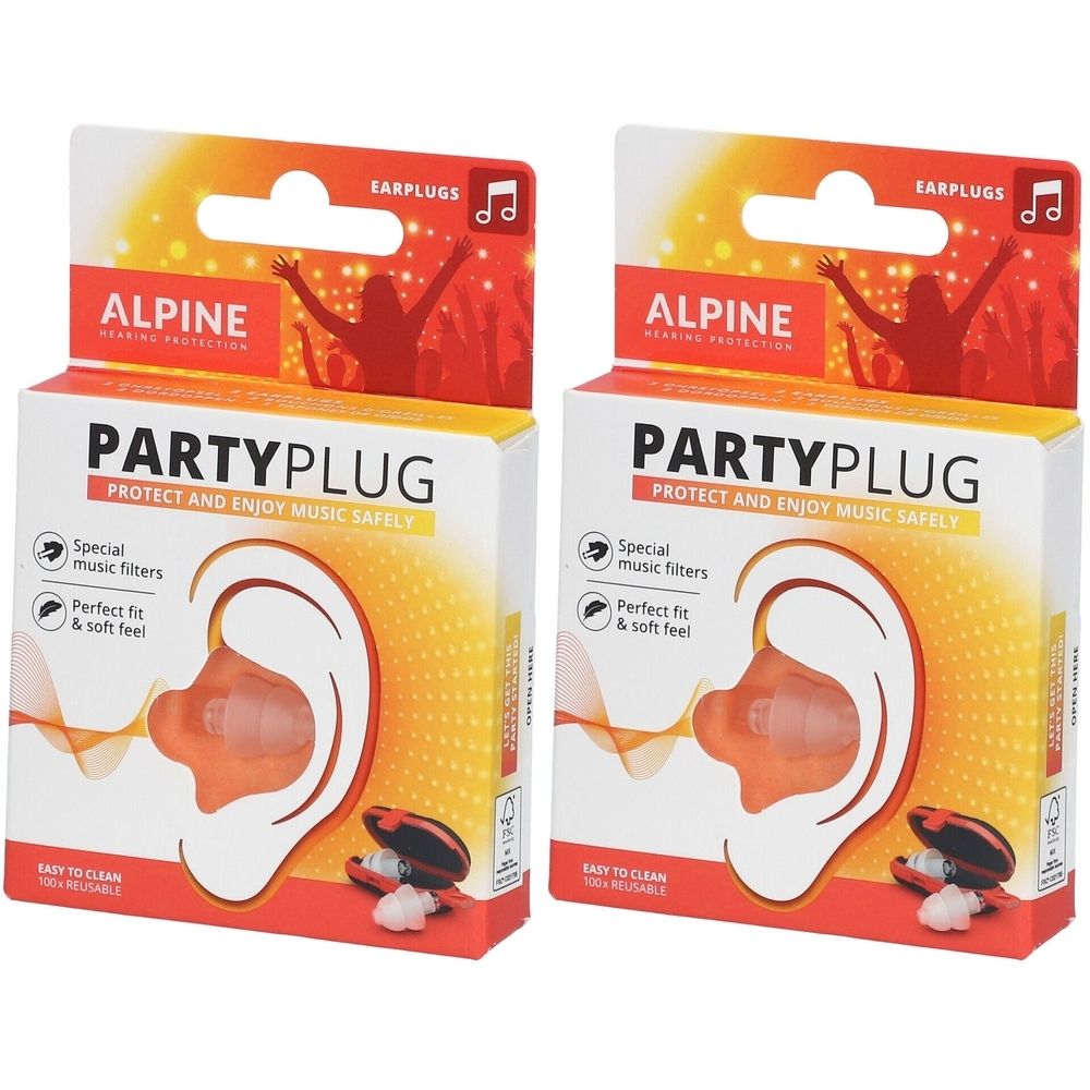 Deux boîtes de bouchons d'oreille PARTYPLUG ALPINE. Bouchons orange dans une représentation d'oreille. Inscription: Protéger et profiter de la musique en toute sécurité.