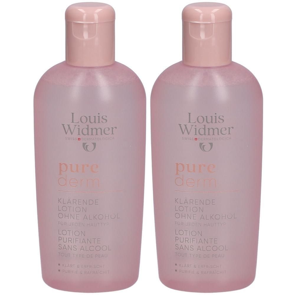 Twee flessen Louis Widmer Purederm lotion. Roze flessen met roze doppen. Tekst: Purederm, zonder alcohol.