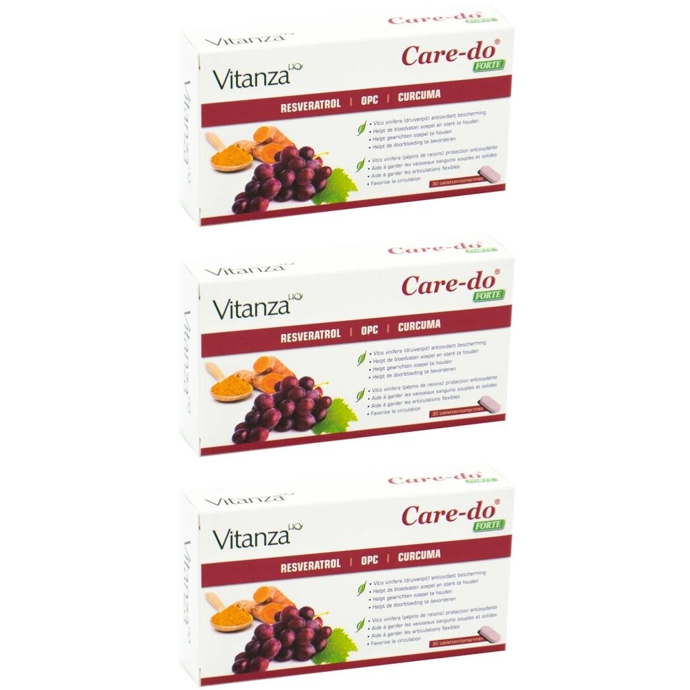 Drie dozen Vitanza Care-do Forte. Op elke doos: druiven, kurkuma, OPC en resveratrol. Witte verpakking met groene accenten.