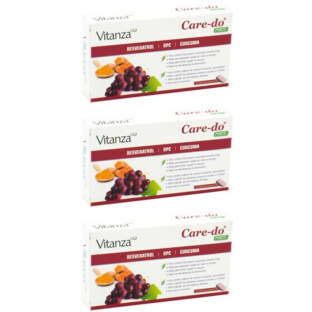 Trois boîtes Vitanza Care-do Forte. Inscriptions: Resvératrol, OPC, Curcuma. Illustration de raisins et curcuma.