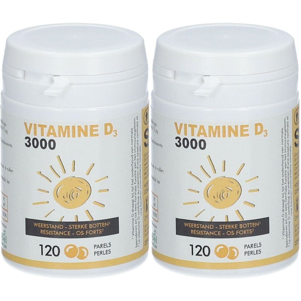 Twee witte potten met opschrift 'VITAMINE D3 3000'. Opschrift 'WEERSTAND - STERKE BOTTEN'. 120 parels.