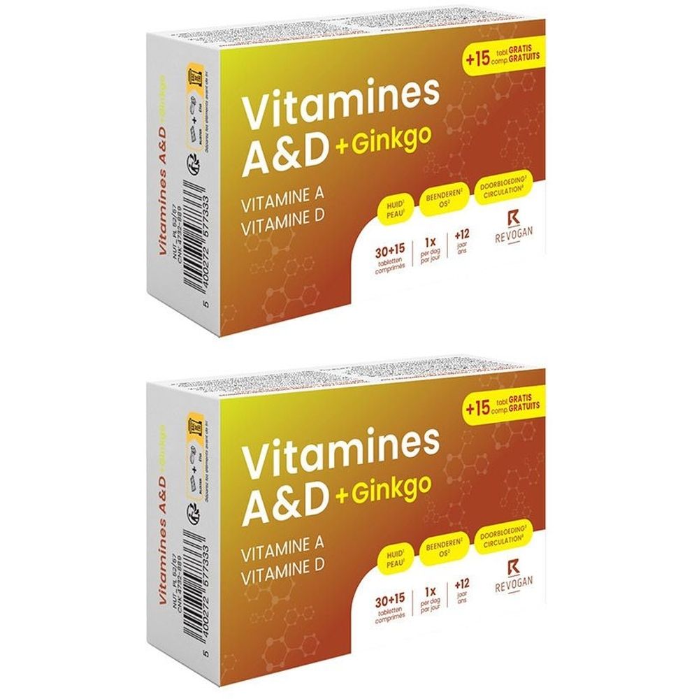 Twee dozen Nutritic Vitamines A & D Ginkgo. Opschrift: Vitamines A&D + Ginkgo, Vitamine A, Vitamine D. Met 15 gratis tabletten.