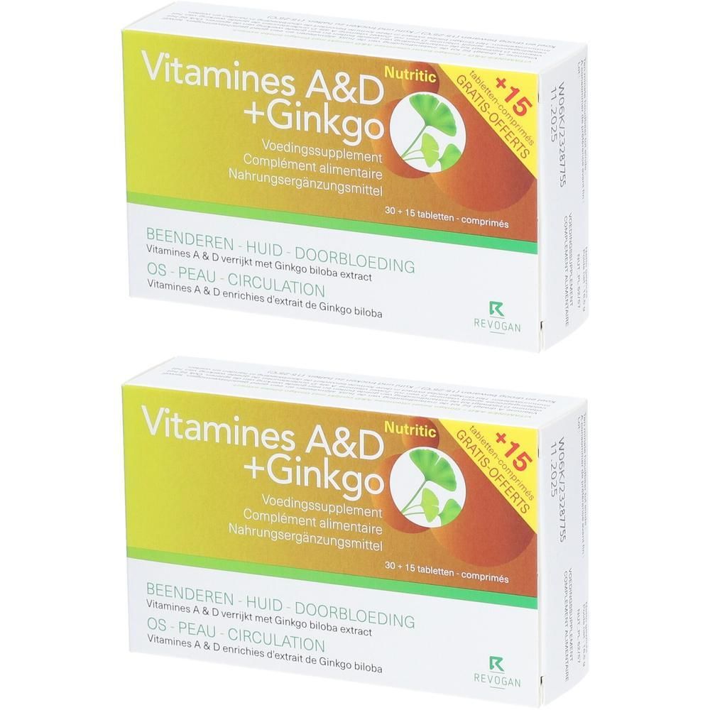 Twee dozen Nutritic Vitamines A & D + Ginkgo. Geel-witte verpakking met productnaam en ginkgo blad illustratie.