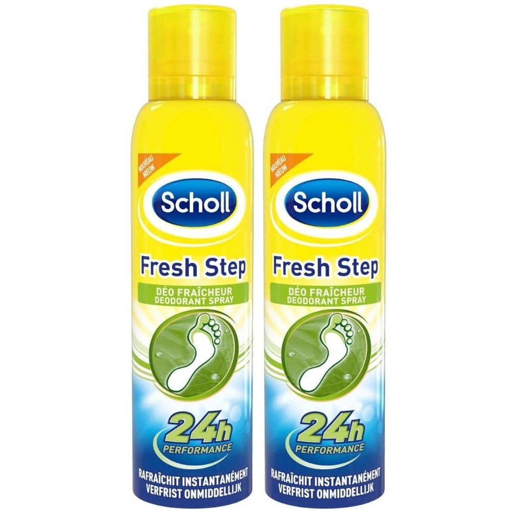 Deux sprays jaunes Scholl Fresh Step. Inscription: Deo Fraîcheur, 24h Performance. Symbole d'empreinte de pied.