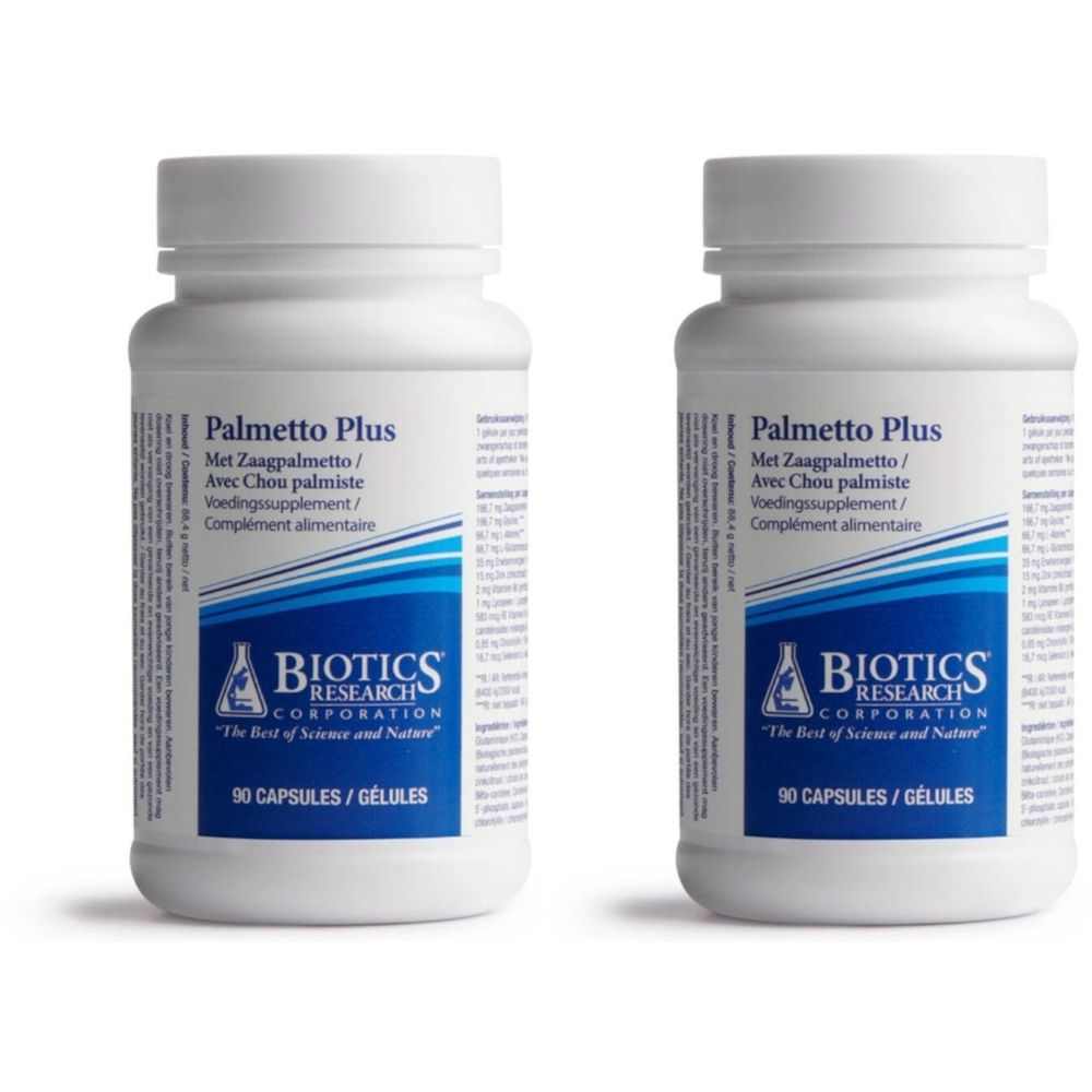 Deux flacons blancs avec l'étiquette "Palmetto Plus". Inscription: Biotics Research Corporation. 90 gélules.