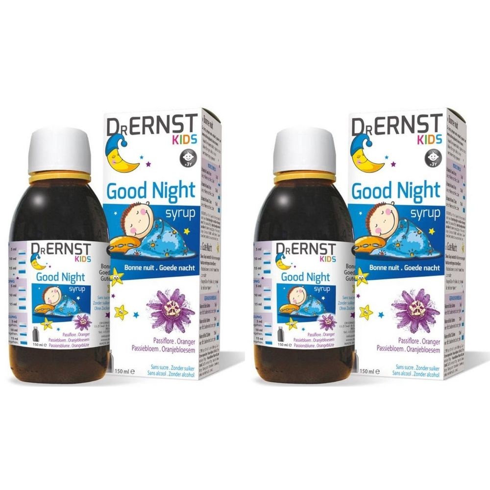 Deux flacons et emballages de sirop Dr. Ernst Kids Good Night. Inscription : Good Night syrup. Emballage avec lune et enfant.