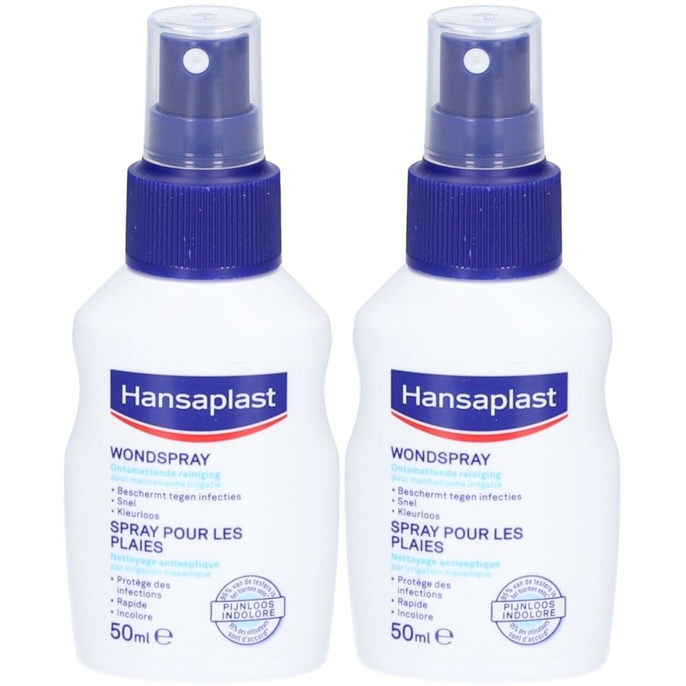 Twee witte flessen met blauwe dop. Opschrift: Hansaplast WONDSPRAY. Tekst in het Duits, Frans en Nederlands. 50ml.