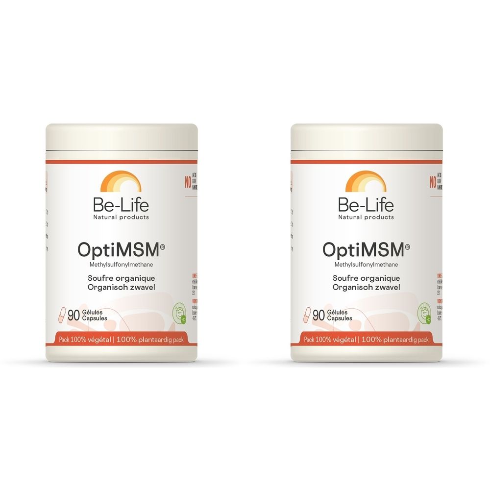 Twee witte potten met "Be-Life OptiMSM". Opschrift: "Soufre organique, Organisch zwavel". Bevat 90 capsules.