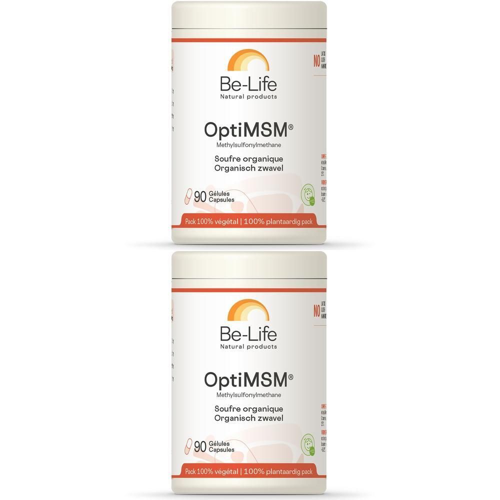 Deux boîtes blanches Be-Life OptiMSM avec étiquettes. Inscription: OptiMSM, 90 gélules, 100% végétal.