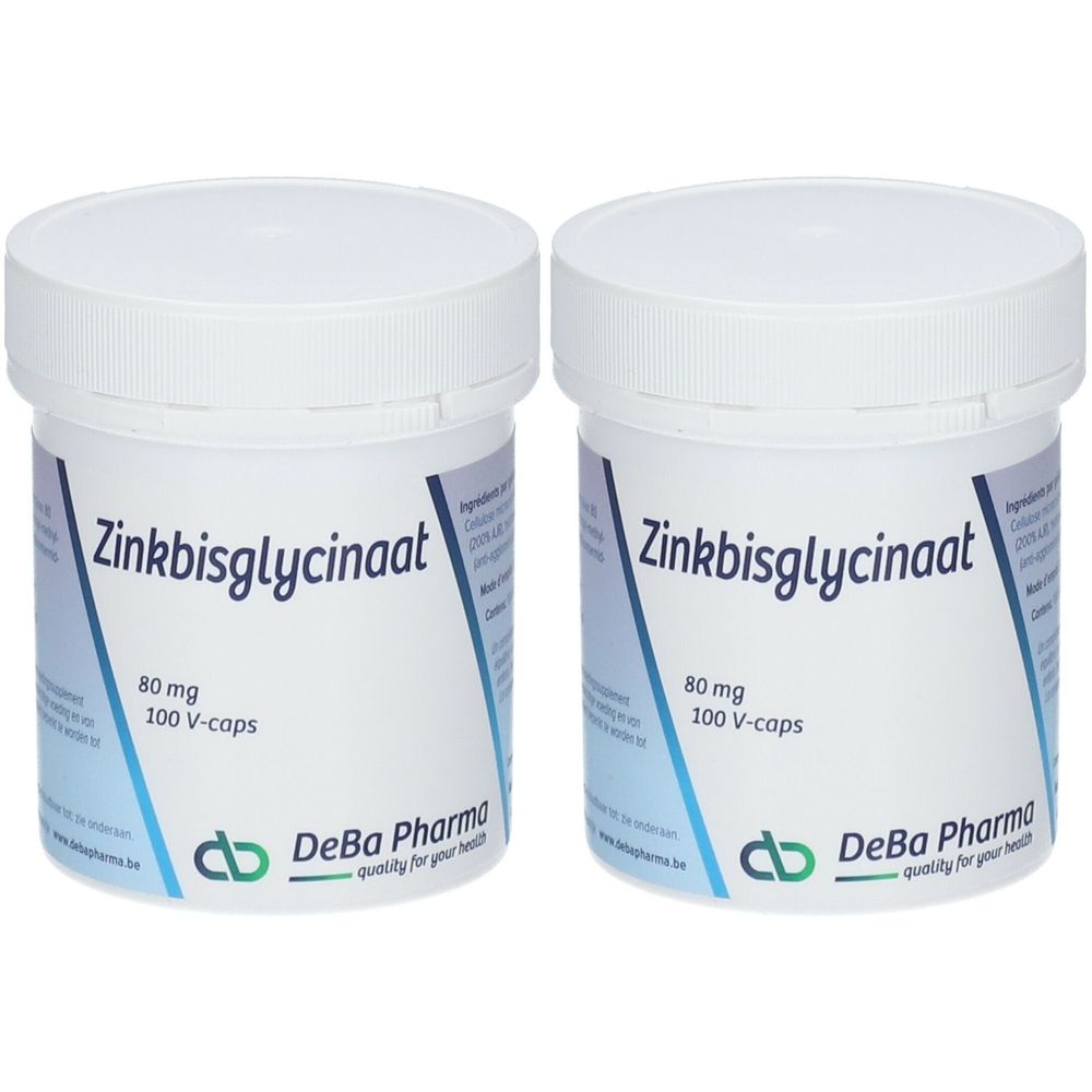 Deux pots blancs avec couvercles. Inscription : Zinkbisglycinaat, 80 mg, 100 V-caps. Marque DeBa Pharma.