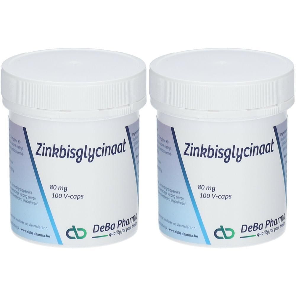 Twee witte potten met opschrift Zinkbisglycinaat, 80 mg, 100 V-caps. DeBa Pharma logo.
