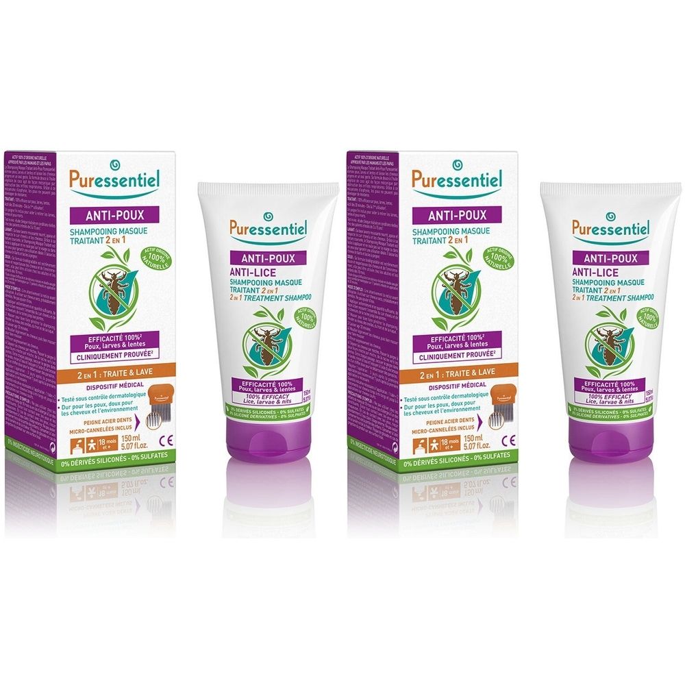 Twee dozen en twee tubes. Opschrift: Puressentiel Anti-Poux Shampooing Traitant 2-en-1. Paarse en witte verpakking.