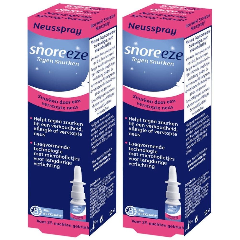 Twee roze-witte dozen met neusspray. Opschrift: snoreeze, tegen snurken. Bevat een flesje neusspray.