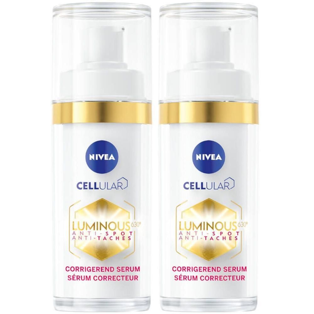Twee serumflacons met witte pomp en gouden ring. Opschrift: NIVEA CELLular Luminous 630® Anti-Spot.