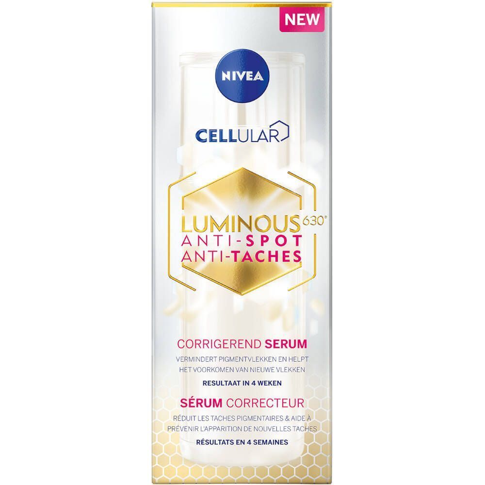 Verpakking met serumfles. Opschrift: NIVEA CELLular Luminous 630® Anti-Spot. Met tekst in het Duits, Frans en Nederlands.