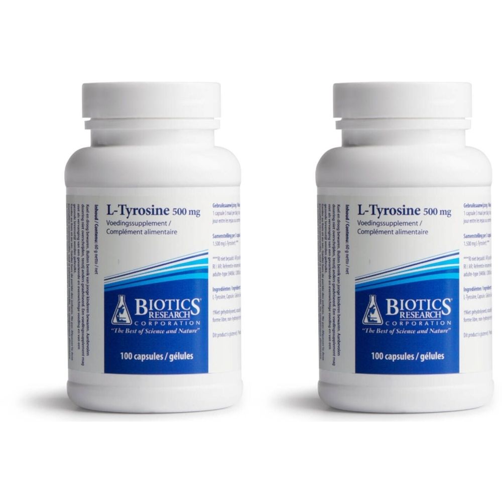 Deux flacons blancs avec bouchons à vis. Inscription : L-Tyrosine 500 mg, Biotics Research Corporation. Contient 100 capsules.