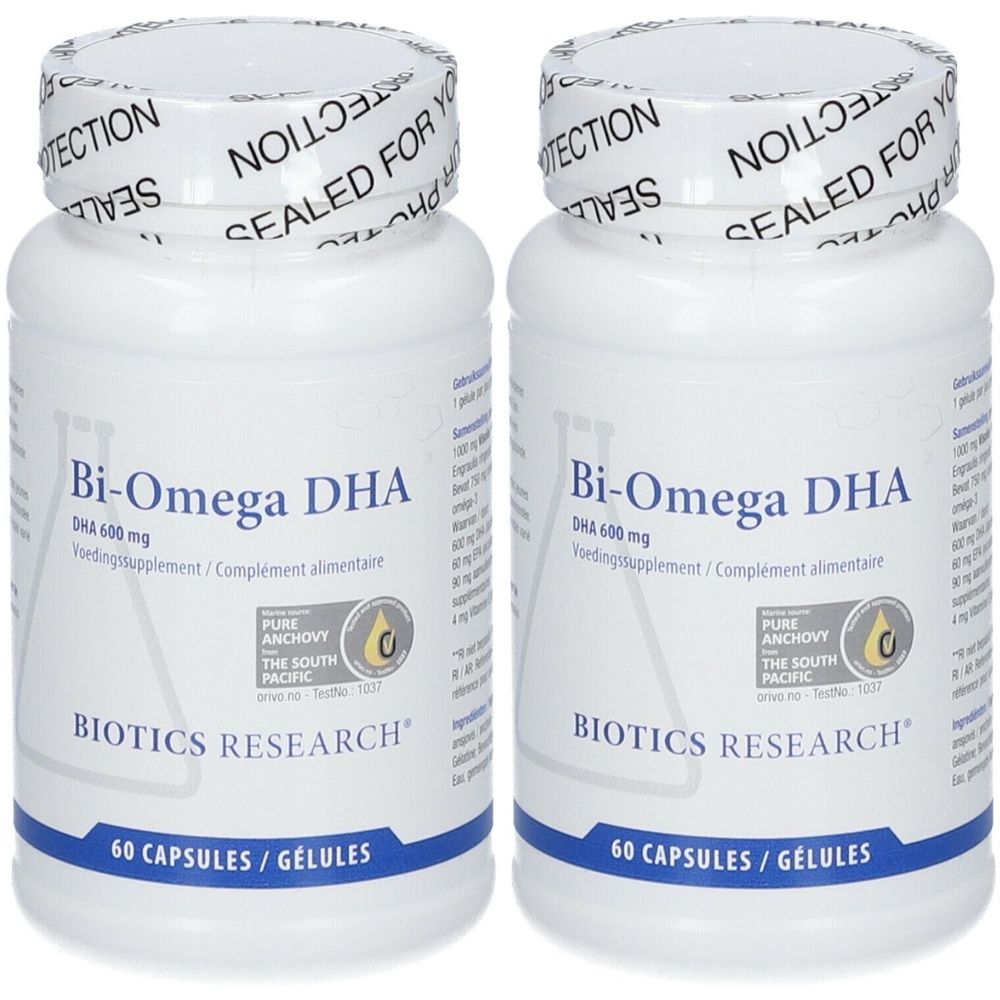 Deux flacons blancs de capsules. Inscription: Bi-Omega DHA, 60 capsules. Sceau: Sealed for your protection. Marque: Biotics Research.