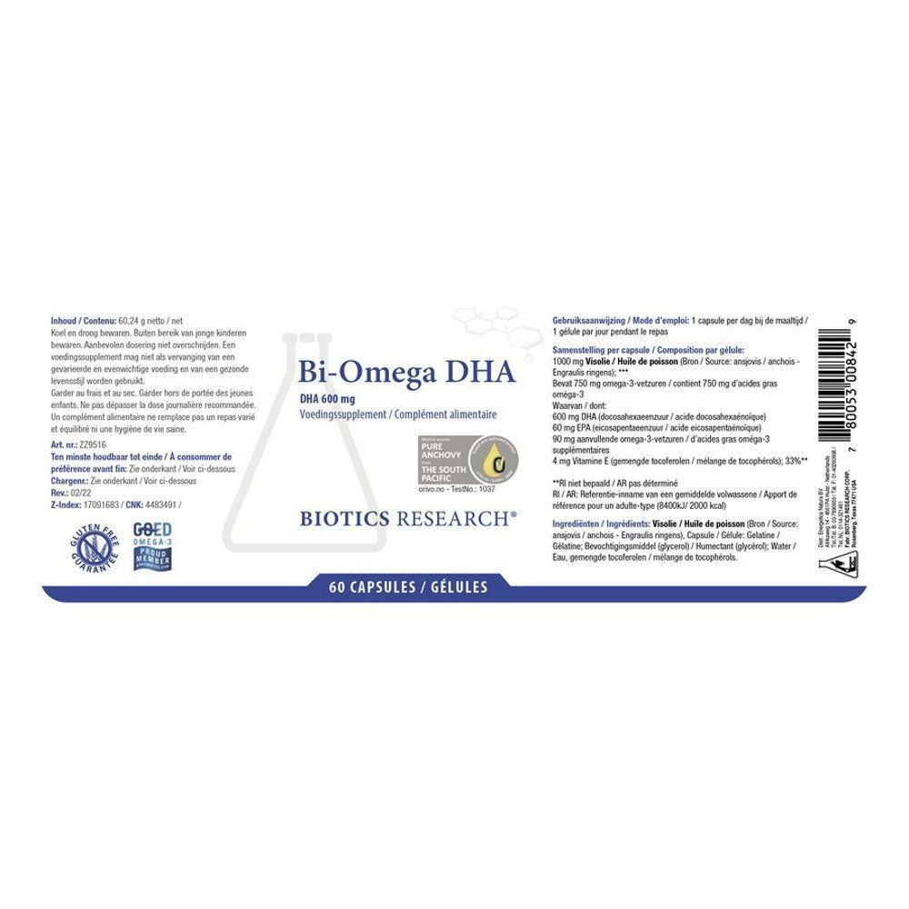 Achterkant van een flacon Bi-Omega DHA met voedingsinformatie en certificeringen.