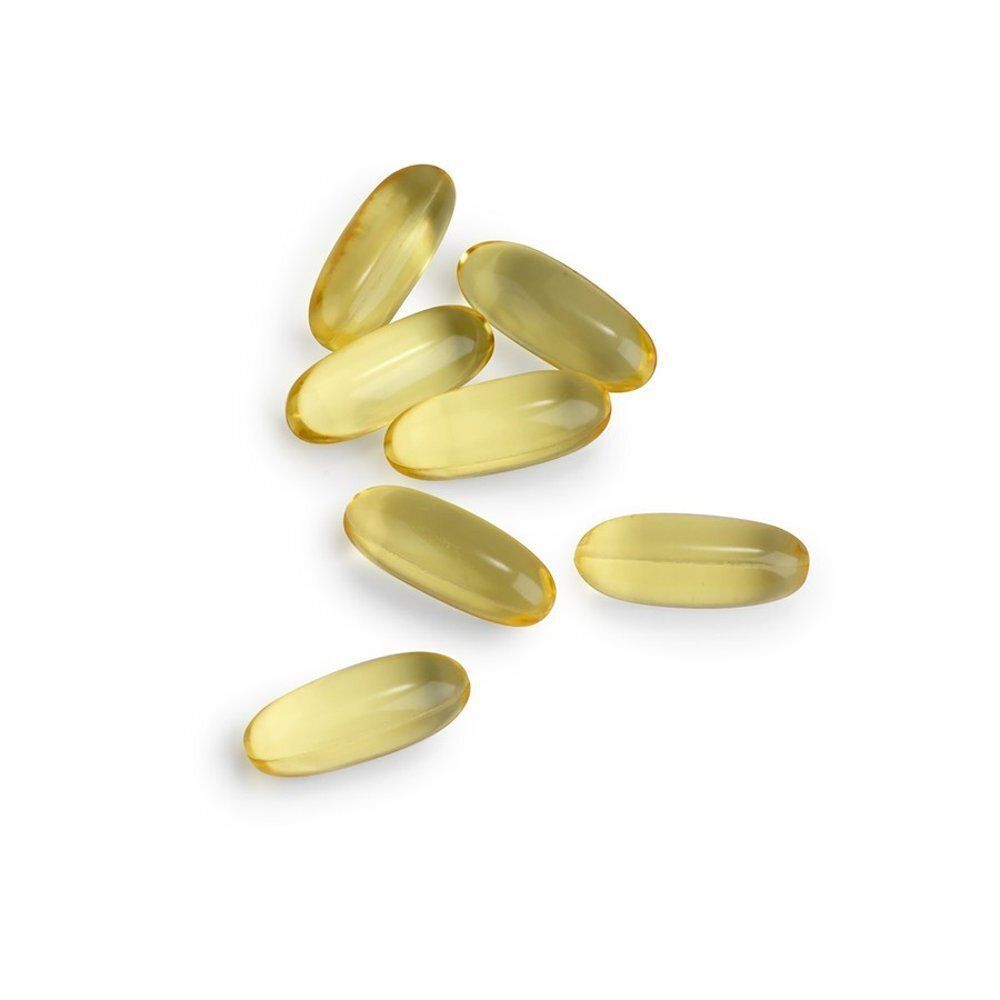 Meerdere Bi-Omega DHA capsules op een witte achtergrond.
